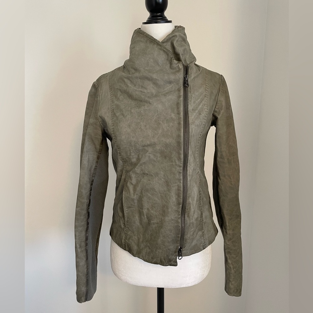 Vince distressed asymmetrical zip leather